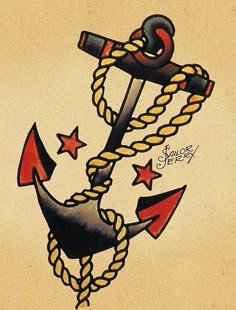 an anchor with rope and stars on it