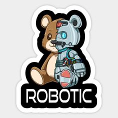 a sticker with an image of a teddy bear holding a robot on it's back