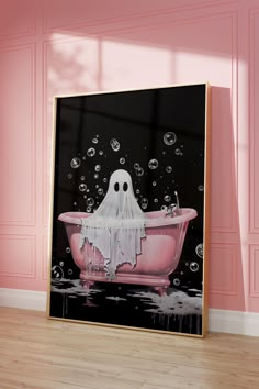 a pink bathtub with a ghost in it and soap bubbles floating around the tub