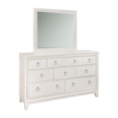 a white dresser with a mirror on top of it and drawers under the drawer,