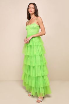 Lime Green Tulle Dress - Tiered Maxi Dress - Bustier Maxi Dress - Lulus Green Fitted Corset Dress For Evening, Fitted Tulle Tiered Gown, Fitted Tiered Tulle Gown, Glamorous Overbust Dresses For Gala, Spring Cocktail Dress With Overbust Shape, Tiered Evening Dress With Fitted Bodice For Parties, Fitted Tiered Prom Dress, Evening Overbust Dress For Prom Season, Spring Party Gown With Spaghetti Straps