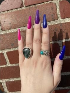 Ombre Nail Inspo Coffin, Multi Color Purple Nails, Nail Designs Sunset, Jewel Tones Nails, Pink Blue And Purple Nails, Pink Purple Blue Nails, Color Gradient Nails, Hot Purple Nails, Purple Nail Tips