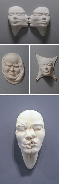 four different views of an object made out of clay, including the face of a man