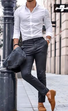 Celana Fashion, White Shirt Outfits, Shirt Outfit Men, Casual Outfits Summer, Formal Men