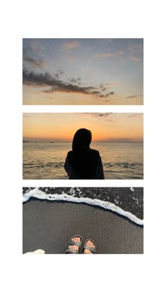 three different pictures with the same person standing in front of water and sand at sunset