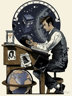 a t - shirt with a man sitting at a desk in front of a clock