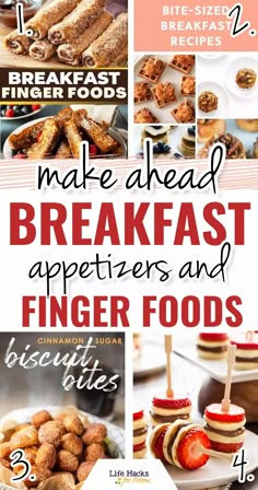 breakfast appetizers and finger foods with text overlay that reads make ahead, breakfast appetizers and finger foods