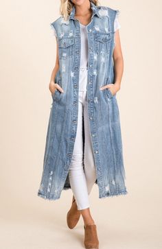 Light Wash Denim Vest Relaxed Fit For Spring, Relaxed Fit Cotton Denim Vest For Fall, Spring Medium Wash Relaxed Denim Vest, Spring Day Out Denim Vest In Medium Wash, Spring Day Out Medium Wash Denim Vest, Distressed Cotton Outerwear For Summer, Dark Wash Cotton Denim Vest For Day Out, Spring Dark Wash Relaxed Fit Denim Vest, Distressed Cotton Summer Outerwear