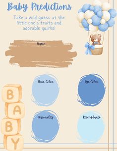 a baby announcement with blue balloons and teddy bear in the air, on a beige background