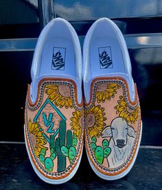 Please contact me to discuss shoe color along with design details. I can do any design, colors, brand, initials, etc.  Price does include shoes Tooled Leather Vans, Western Painted Shoes, Western Painted Vans, Western Vans, Vans Painted Shoes Ideas, Tooled Leather Shoes, Custom Slip On Vans, Custom Painted Vans, Western Fashion Jewelry