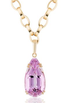 Large pear shaped Kunzite gemstone with 18 karat gold chain by fine jewelry designer Goshwara| kunzite jewelry Pear-shaped Gemstone Drop Necklace In Yellow Gold, Yellow Gold Pear-shaped Gemstone Drop Necklace, Luxury Briolette Drop Necklace, Formal Teardrop Pendant Jewelry With Faceted Details, Luxury Pear-shaped Yellow Gold Drop Necklace, Formal Faceted Teardrop Pendant Jewelry, Elegant Pink Jewelry With Cable Chain, Elegant Pink Cable Chain Jewelry, Yellow Gold Drop Jewelry With Gemstone Accents