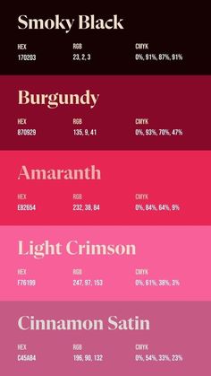 the color chart for different types of font and numbers in various colors, including red, pink