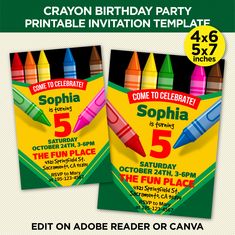 two birthday party flyers with crayon crayons on the front and back