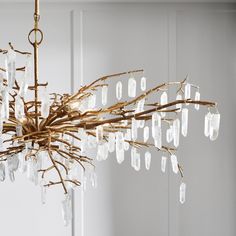 a chandelier hanging from a ceiling in a room with white walls and wooden flooring