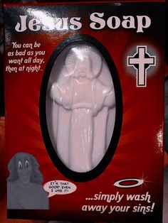 a plastic jesus soap in a box with a sticker on it's side