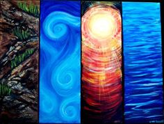 four paintings with different colors and designs on them