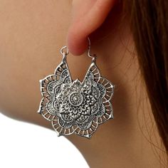 Antique Silver Earrings, Boho Styl, Lotus Mandala, Retro Earring, Alloy Earrings, Vintage Hippie, Ethnic Earrings, Bohemian Earrings, Antique Earrings