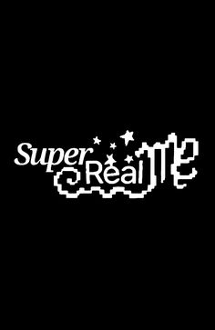 the words super realte are written in white letters on a black background with stars