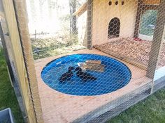 a dog house made out of chicken wire with a blue mat on the ground in front of it