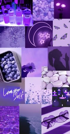 a collage of purple and white images