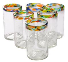 six clear glass vases with colorful designs on them