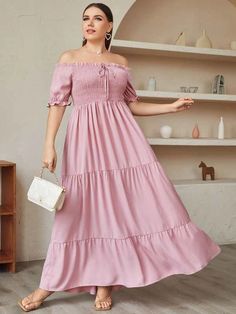 Plus Off Shoulder Frill Trim Shirred Bodice A-Line Dress for Sale Australia| New Collection Online| SHEIN Australia Shirred Dress Plus Size, Pink Off-shoulder Puff Sleeve Dress, Flowy Pink Forever 21 Dress, Shein Style, Ruffle Hem, Dusty Pink, No Frills, Dress P, Dresses Online