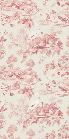 a pink and white wallpaper with birds on the top, flowers in the background