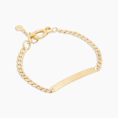 Add a personal touch to this edgy, engravable tag bracelet. Product Details Engravable 6 1/4" chain + 1" extender Total length 7 1/4" 3/16" wide chain Bar 1 3/8" by 3/16" Spring ring closure Engraving component 18k gold vermeil All other hardware 18k gold plated brass Avoid contact with anything containing derivatives of alcohol Inappropriate Language We are unable to process any engraving request containing profanities or inappropriate language. Where possible, we will contact you to seek an al Classic Layering Bracelet Jewelry, Everyday Polished Brass Jewelry, Everyday Stackable Gold Metal Bracelet, Everyday Gold-tone Box Chain Jewelry, Gold Jewelry With Jubilee Bracelet For Layering, Trendy Polished Yellow Gold Jewelry, Stackable Yellow Gold Brass Bracelets, Sterling Silver Stackable Chain Bracelet, Stackable Yellow Gold Bracelet For Everyday Wear