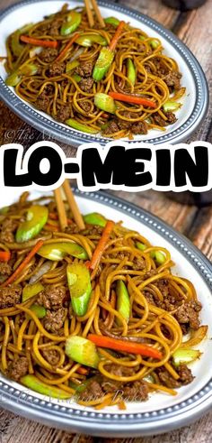 two plates filled with noodles and vegetables on top of a wooden table in front of the words lo - mein