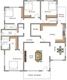 the floor plan for an apartment with three bedroom and two bathrooms, one living room