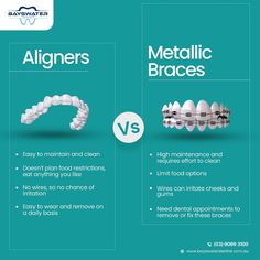 🦷 Considering straightening your teeth? 🦷  🔍 Let's break down the battle between Aligners and Metallic Braces! 💥  🦷 Aligners: Invisible, Removable, Comfortable, Easy to Maintain 🔧 Metallic Braces: Effective, Durable, Fixed, Hign Maintenance  💭 Choose what fits your lifestyle best!  🌐 Visit our website for more information: 👉 https://bayswaterdentist.com.au/  #DentalDebate #SmileChoices #AlignersVsBraces #DentalCare #TeethAlignment #DentalOptions #BracesLife #Invisalign #SmileJourney #DentalHealth #StraightTeeth Braces Designs, Dental Marketing Social Media, Dental Post, Dental Advertising, Dental Social Media, Remedies For Tooth Ache, Dental Posts, Dental Videos, Dentist Clinic