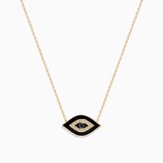 Effy Novelty 14K Yellow Gold Black and White Diamond Evil Eye Necklace Formal Yellow Gold Jewelry With Diamond Eyes, Fine Jewelry 14k Gold Necklace For Evening, Classic Yellow Gold Necklaces With Diamond Eyes, Classic Yellow Gold Necklace With Diamond Eyes, Black Enamel 14k Gold Necklace, Evening Jewelry In 14k Gold With Black Enamel, Elegant 14k Gold Necklace With Black Enamel, Yellow Gold 14k Stamped Jewelry For Evening, Gold Necklace With Black Enamel For Formal Occasions