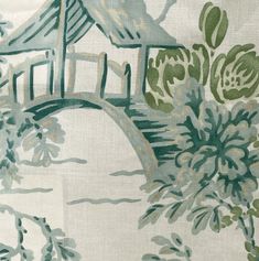 a green and white wallpaper with an image of a bridge in the middle of it