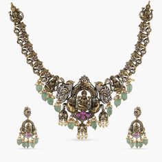 Sarvani Laxmi Temple Necklace Set Temple Jewelry Style Jeweled Necklace As Gift, Temple Jewelry With Jewels For Anniversary, Temple Jewelry Style Necklace As A Gift, Temple Jewelry For Anniversary With Jeweled Details, Jeweled Temple Jewelry Necklace As Gift, Traditional Jeweled Necklaces For Anniversary, Anniversary Jeweled Temple Jewelry, Festive Jeweled Jewelry For Anniversary, Temple Jewelry Necklaces With Stones For Jewelry Making