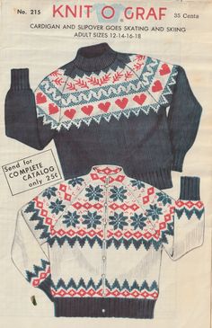 an old knitting pattern for a sweater with hearts on the front and back, as well as