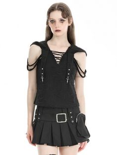 Black Gothic Punk Decadent Sleeveless Hooded Top for Women - Devilnight.co.uk Gothic Pants, Steampunk Dress, Gothic Tops