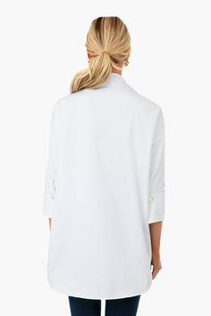 Crafted in a flattering silhouette from a crisp cotton poplin, the Blanc Willow Blouse is a must-have for year round dressing! Featuring a button front half-placket, folded collar, and high-low hem, this pullover pairs easily with everything from denim to leather pants season after season. Stand collar Three-quarter length sleeves Button cuffs Half-placket High-low hem Cotton poplin fabric Material: 97% Cotton, 3% Spandex Care: Machine wash cold, hang to dry Comfortable Travel Outfit, Cotton Poplin Fabric, Poplin Fabric, High Low Hem, Travel Outfit, Cotton Poplin, Three Quarter, Stand Collar, Fabric Material