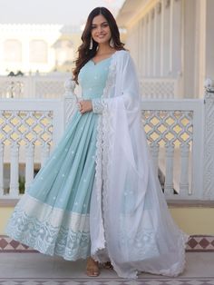 Introducing our stunning "fascinating sky-blue embroidered georgette function wear gown", a must-have addition to your ethnic wear collection. This exquisite gown features intricate sequin work and thread embroidery, adding a touch of glamour and elegance to your look. The sky-blue color is perfect for any festive occasion, event, or function, making you stand out in the crowd.
Made from high-quality georgette fabric, this fully stitched gown is available in sizes ranging from XS to XXL, ensurin Blue Anarkali, Gown With Dupatta, Designer Gown, Bollywood Lehenga, Exquisite Gowns, Anarkali Gown, Party Kleidung, Madhuri Dixit, Anarkali Suit