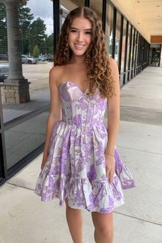 Light Blue Floral Print A-Line Homecoming Dress Red Mermaid Prom Dress, Elegant Homecoming Dresses, Floral Homecoming Dresses, Lavender Prom Dresses, Prom Dress Trends, Printed Flowers, Mermaid Prom Dresses Lace, White Homecoming Dresses, Blue Corset