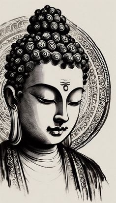 a black and white drawing of a buddha