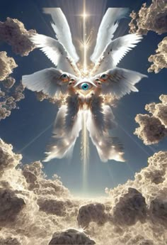 a white dove with blue eyes flying through the sky in front of clouds and stars