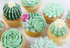 cupcakes with green frosting and flowers on them are arranged in a circle