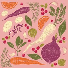 an assortment of vegetables on a pink background