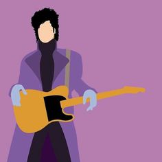 a man with an electric guitar in his hand and wearing a long purple coat, standing against a purple background