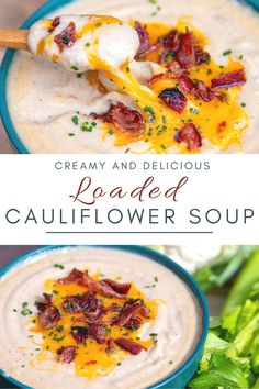 creamy and delicious loaded cauliflower soup in a blue bowl with bacon on top