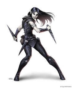 a woman dressed in black holding two swords and standing with one hand on her hip