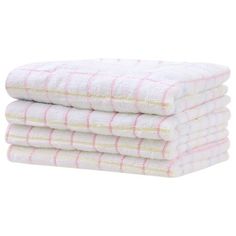 four towels stacked on top of each other in white and pink plaid pattern, with one folded