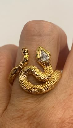 Vintage rattlesnake snake ring vintage hand made Crystal and 9k gold filled work adjustable size 6-8 Ships free in the US in a gift box Please check out our THOUSANDS of great review feedbacks yuk Gold Snake Rings, Gold And Crystal Jewelry, Snake Engagement Ring, Gold Snake Ring, Snake Ring Aesthetic, Snake Accessories, Snake Ring Gold, Etsy Rings, Snake Rings