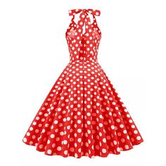 This beautiful halter dress is retro rockabilly at its best! The pretty bodice has a super flattering fold-over v-neckline, wide halter straps, princess seams, and big white buttons up the front. It has a nipped in waist with a skirt that is very flared and it zips up the back. Add a bow belt and petticoat to take it to the next level!Fabric: 95% cotton, 5% spandexThis is a special order item and will take 7-12 business days to ship.Size: SBust: 34"Waist: 27"Size: MBust: 36"Waist: 29"Size: LBust Polka Dot Dresses For Retro-themed Events, Rockabilly Sleeveless Polka Dot Dress, Polka Dot Sleeveless Pinup Dress, Red Rockabilly Summer Dress, Fitted Retro Sleeveless Halter Dress, Polka Dot Rockabilly Dress For Retro-themed Events, Polka Dot Pinup Dress For Summer, Summer Pinup Polka Dot Dress, Summer Polka Dot Pinup Dress