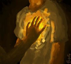 a painting of a man holding his hands in front of him with the sun shining through